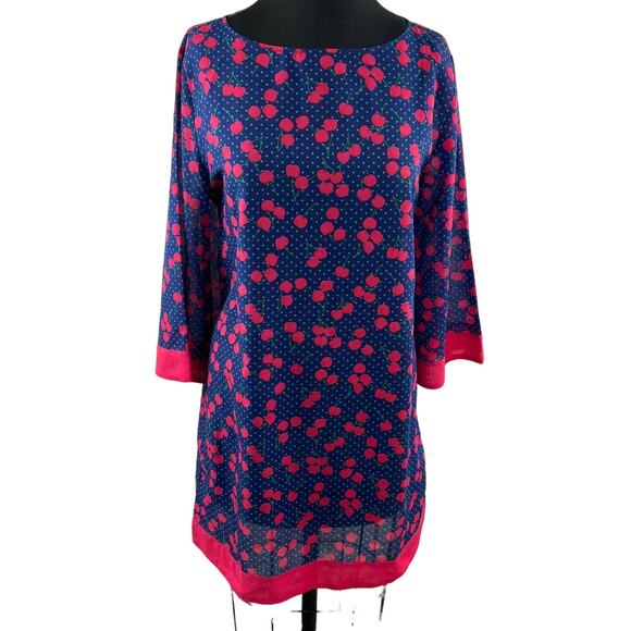 TALBOTS Blue Red Cherry Print Boat Neck 3/4 Sleeve Shift Dress Swim Cover Up M - Picture 1 of 7